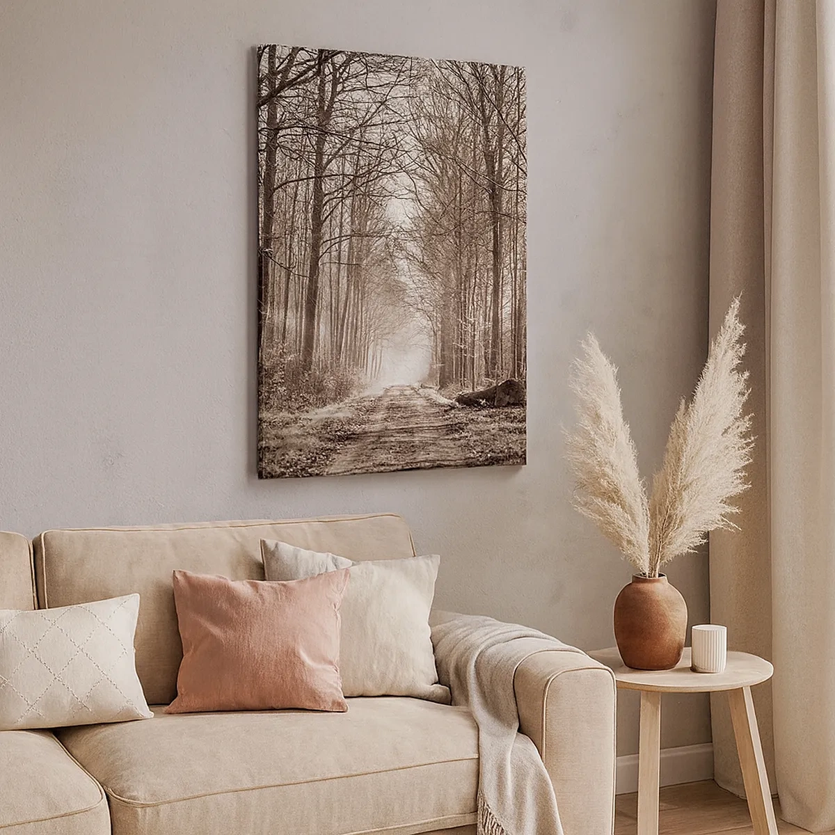 Bild auf Leinwand - Leinwandbild - Ein Waldweg zwischen sepiafarbenen Bäumen - 50x70cm - Waldkathedrale - Moderne Wanddekoration für Wohnzimmer und Schlafzimmer ARTTOR