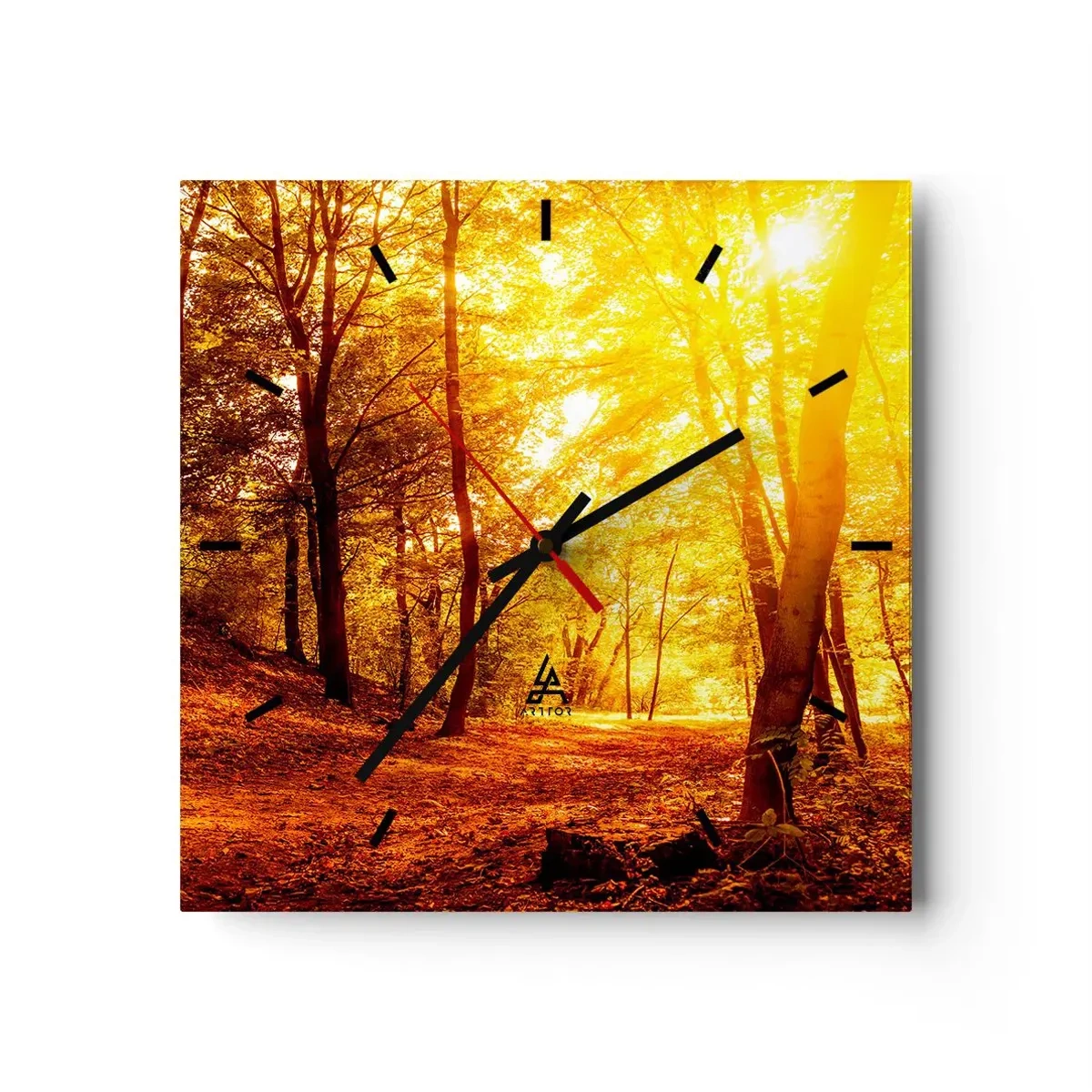 Wanduhr - Glasuhr - Herbstlichtung im goldenen Sonnenlicht mit einem Waldweg - 30x30cm - Auf die goldene Lichtung - Moderne Wanddekoration für Wohnzimmer und Schlafzimmer ARTTOR
