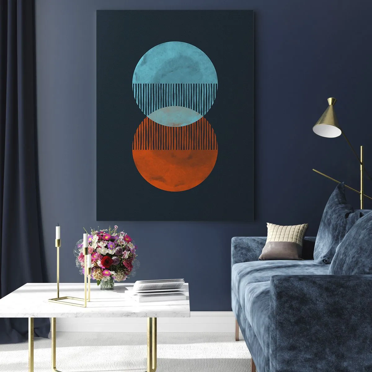 Glasbild - Bild auf glas - Zwei orange und blaue Kreise auf dunklem Hintergrund - 70x100cm - Astronomische Fantasie - Moderne Wanddekoration für Wohnzimmer und Schlafzimmer ARTTOR