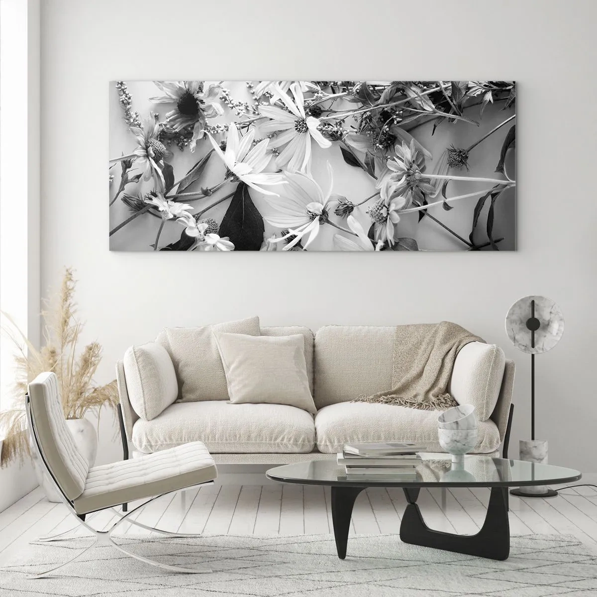 Glasbild - Bild auf glas - Schwarz-weiße Blumenarrangements in dezentem Kunststil - 120x50cm - Kein Blumenstrauß - Moderne Wanddekoration für Wohnzimmer und Schlafzimmer ARTTOR