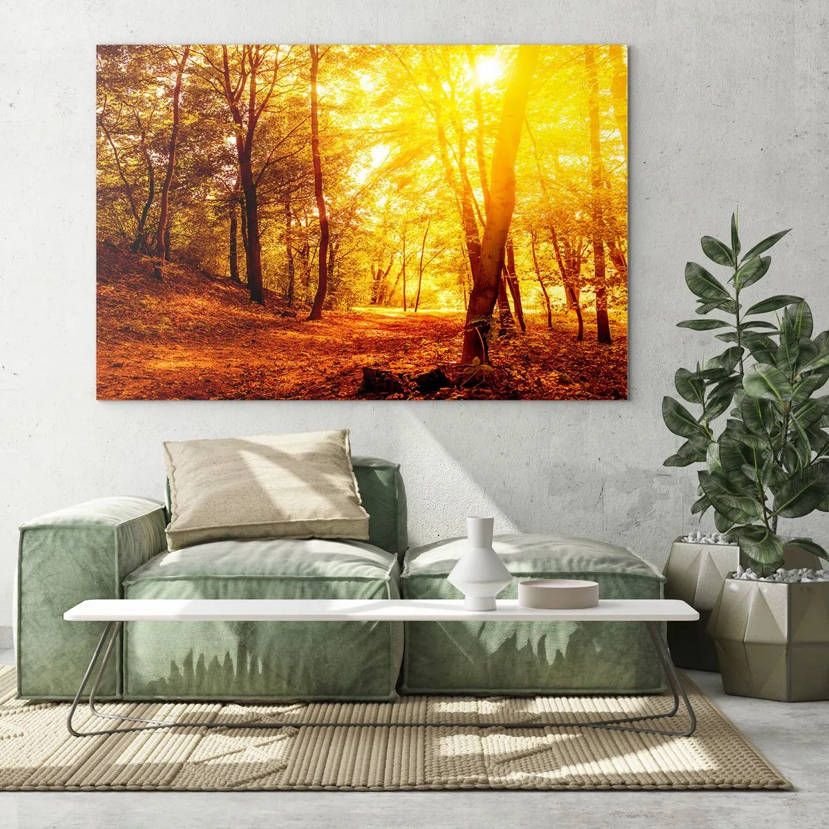 Glasbild - Bild auf glas - Herbstwald, beleuchtet vom warmen Schein der Sonne - 70x50cm - Auf die goldene Lichtung - Moderne Wanddekoration für Wohnzimmer und Schlafzimmer ARTTOR