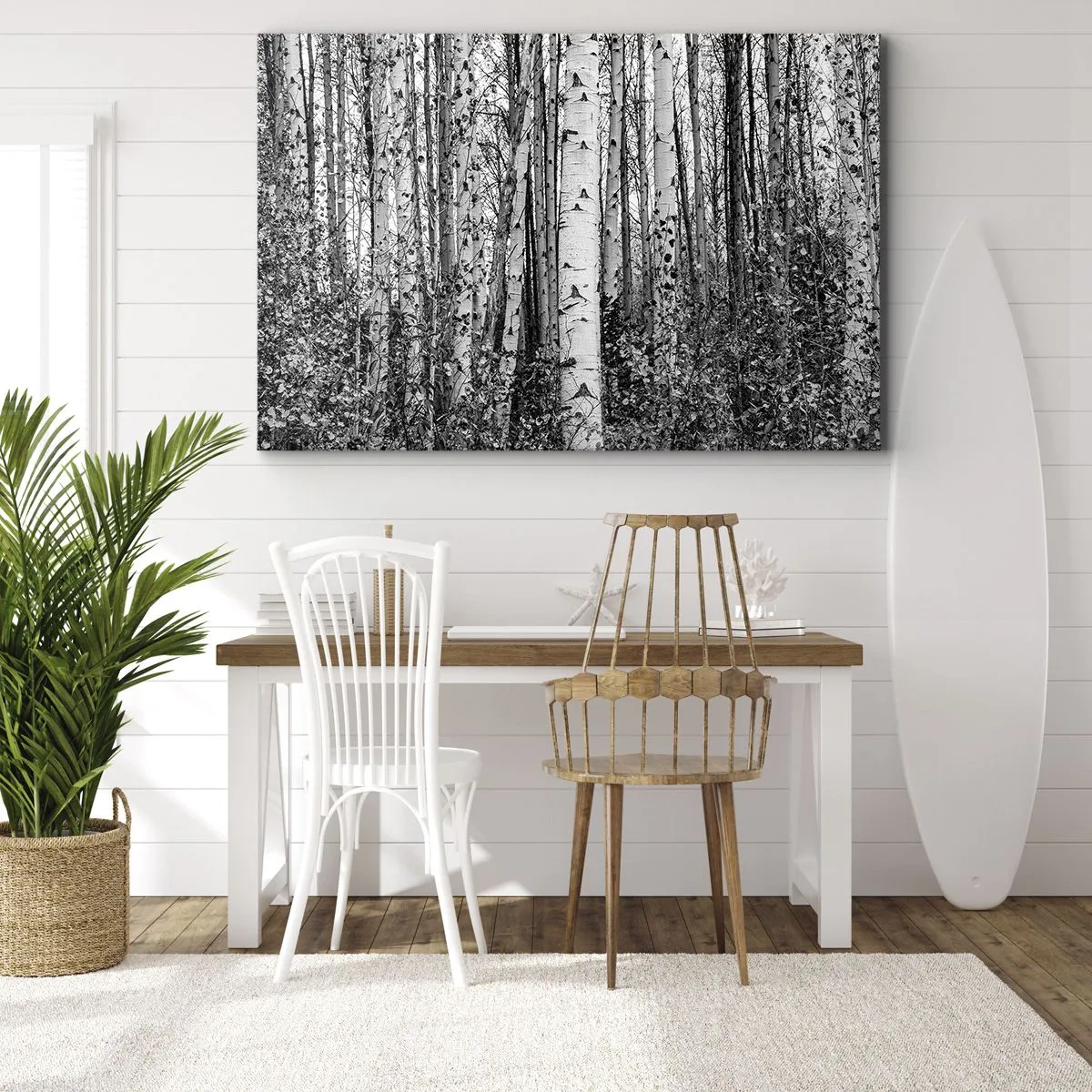 Bild auf Leinwand - Leinwandbild - Schwarz-weiße Birken im Wald - 100x70cm - Birkenkolonnade - Moderne Wanddekoration für Wohnzimmer und Schlafzimmer ARTTOR