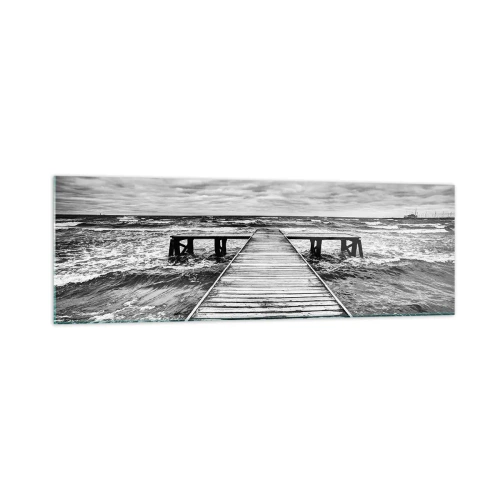 Glasbild - Bild auf glas - Eine Schwarz-Weiß-Ansicht eines Holzstegs über einer stürmischen See. - 160x50cm - Ich warte darauf, dass der Wind wegjagt... - Moderne Wanddekoration für Wohnzimmer und Schlafzimmer ARTTOR