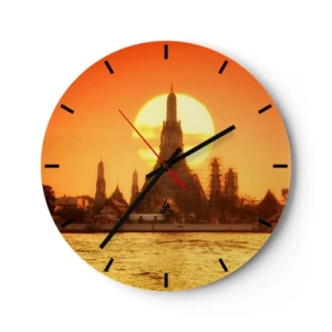 Wanduhr - Glasuhr - Der Tempel im Licht der untergehenden Sonne über dem Wasser - 30x30cm - Der Sonne entgegen, immer der Sonne entgegen - Moderne Wanddekoration für Wohnzimmer, Küche und Schlafzimmer ARTTOR