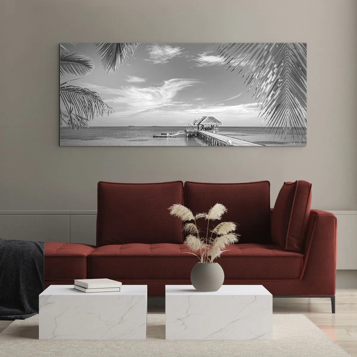 Glasbild - Bild auf glas - Schwarz-weißer Strand mit Pier und Palmen an einer tropischen Küste - 120x50cm - Erinnerung oder Traum? - Moderne Wanddekoration für Wohnzimmer und Schlafzimmer ARTTOR
