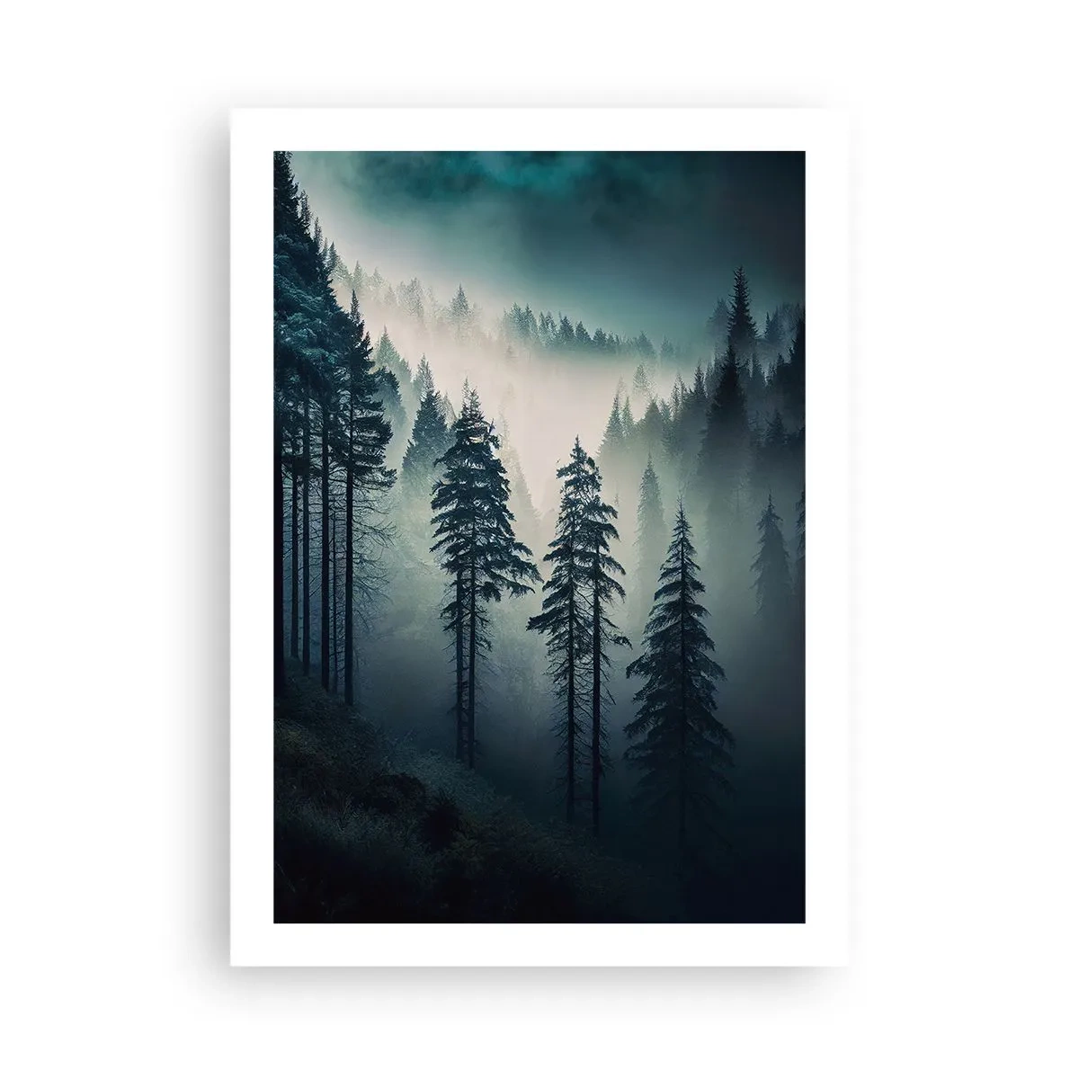 Poster - Ein dunkler Wald, in Nebel gehüllt - 50x70cm - Bergmorgen - Moderne Wanddekoration für Wohnzimmer und Schlafzimmer ARTTOR