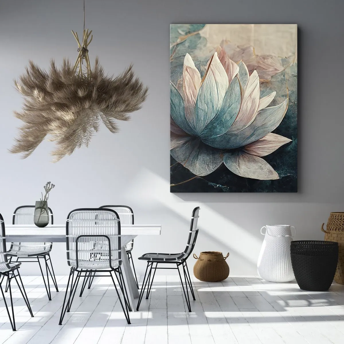 Bild auf Leinwand - Leinwandbild - Dezente Seerosen in Pastelltönen von Blau und Gold - 80x120cm - Seesterne - Moderne Wanddekoration für Wohnzimmer und Schlafzimmer ARTTOR