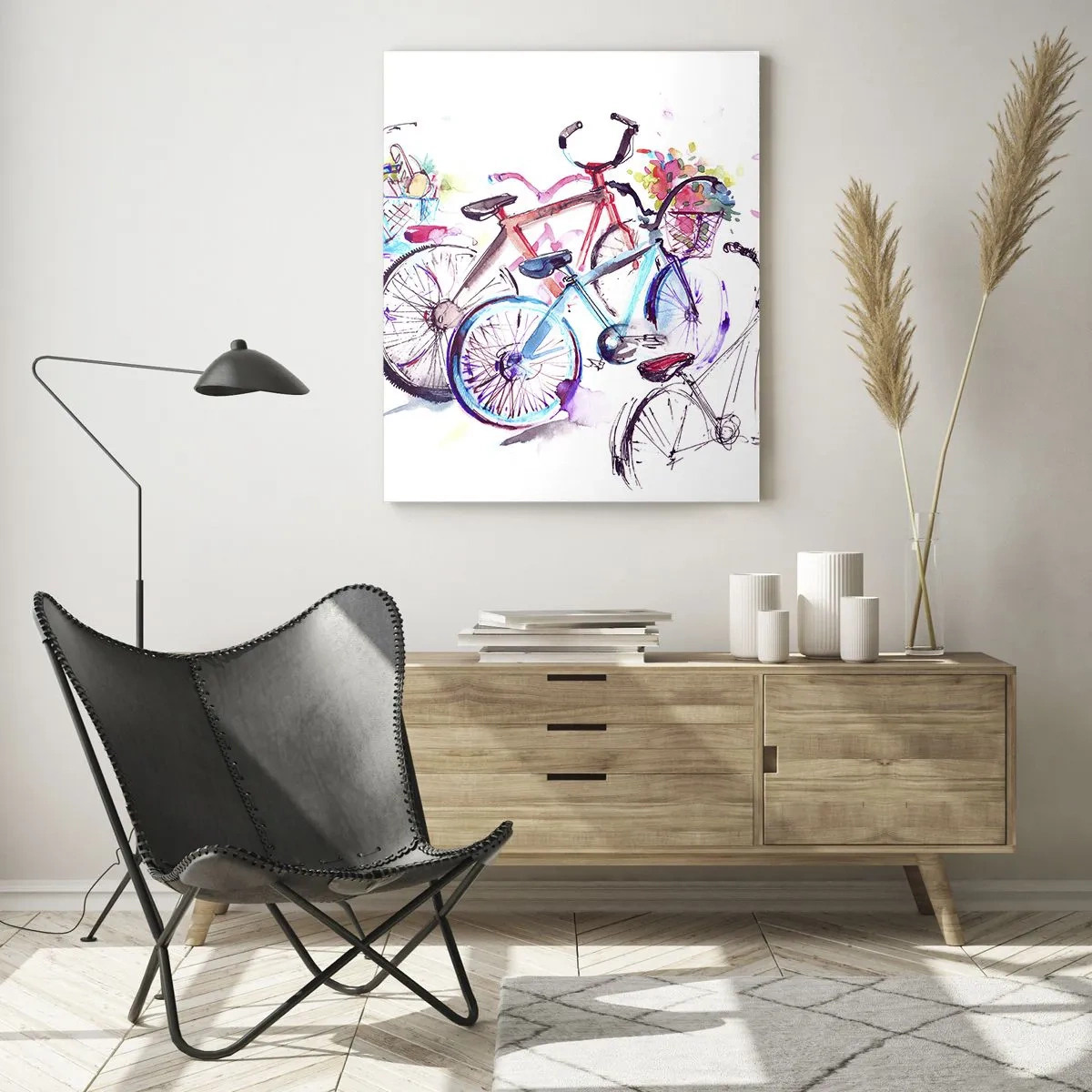 Glasbild - Bild auf glas - Bunte Fahrräder im Aquarellstil - 50x70cm - Kongress des Antimoto-Clubs - Moderne Wanddekoration für Wohnzimmer und Schlafzimmer ARTTOR