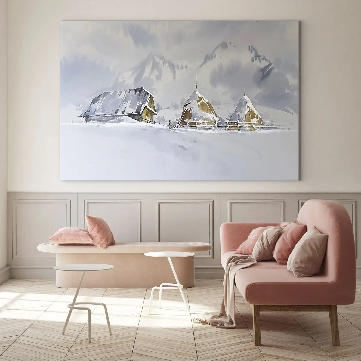 Glasbild - Bild auf glas - Winterlandschaft mit Hütte und Heuhaufen in den Bergen - 120x80cm - In einem verschneiten Talkessel - Moderne Wanddekoration für Wohnzimmer und Schlafzimmer ARTTOR