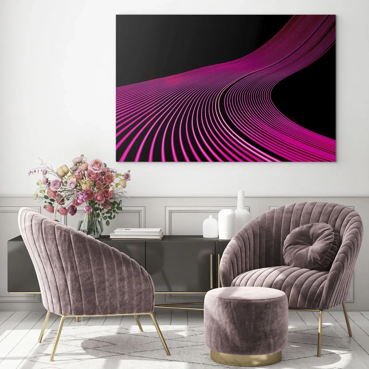 Glasbild - Bild auf glas - Rosa Lichtlinien auf schwarzem Hintergrund - 120x80cm - Allee des Lichts - Moderne Wanddekoration für Wohnzimmer und Schlafzimmer ARTTOR