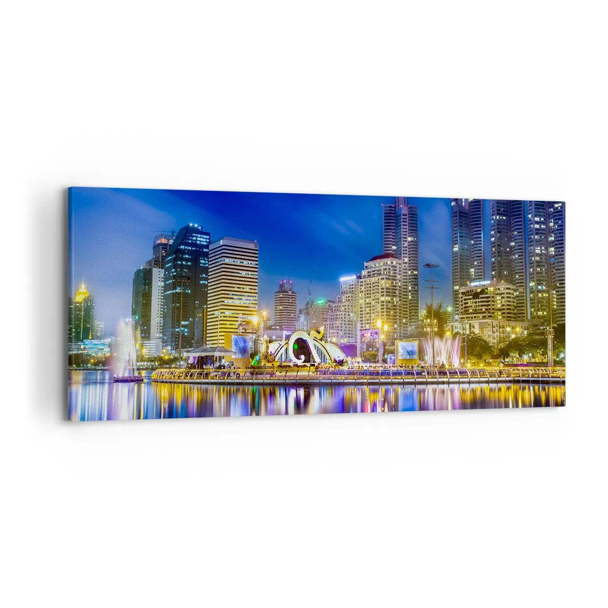 Bild auf Leinwand - Leinwandbild - Nachtpanorama der Stadt mit auf dem Wasser reflektierten Lichtern - 120x50cm - Metropolis bei Regenbogennacht - Moderne Wanddekoration für Wohnzimmer und Schlafzimmer ARTTOR