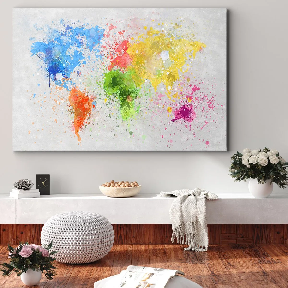 Bild auf Leinwand - Leinwandbild - Eine Weltkarte in farbenfroher Aquarell-Interpretation - 70x50cm - Alle Farben der Welt - Moderne Wanddekoration für Wohnzimmer und Schlafzimmer ARTTOR