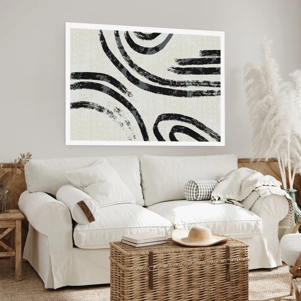 Poster - Schwarz-weiße abstrakte Linien auf hellem Hintergrund - 100x70cm - Bei Hälfte angehalten - Moderne Wanddekoration für Wohnzimmer und Schlafzimmer ARTTOR