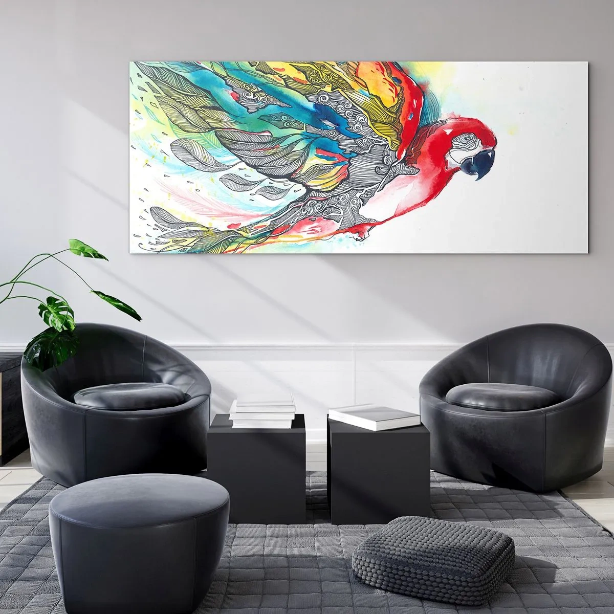 Glasbild - Bild auf glas - Ein bunter Papagei im Flug mit abstrakten Mustern auf seinen Flügeln. - 140x50cm - Leben Sie bunt - Moderne Wanddekoration für Wohnzimmer und Schlafzimmer ARTTOR