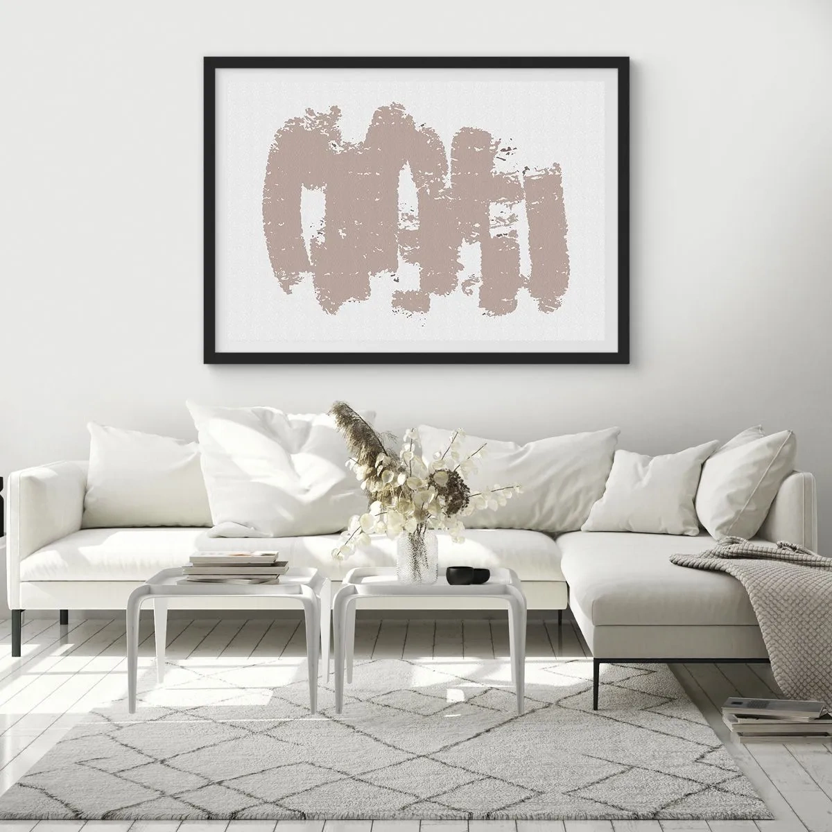 Poster in einem schwarzem Rahmen - Zartrosa Formen auf hellem Hintergrund - 70x50cm - Abstraktion in zartem Rosa - Moderne Wanddekoration für Wohnzimmer und Schlafzimmer ARTTOR