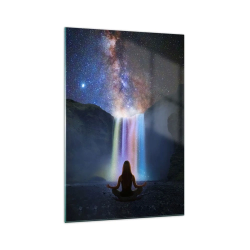 Glasbild - Bild auf glas - Meditation vor einem Wasserfall inmitten der Sterne - 70x100cm - Absolute Harmonie - Moderne Wanddekoration für Wohnzimmer und Schlafzimmer ARTTOR