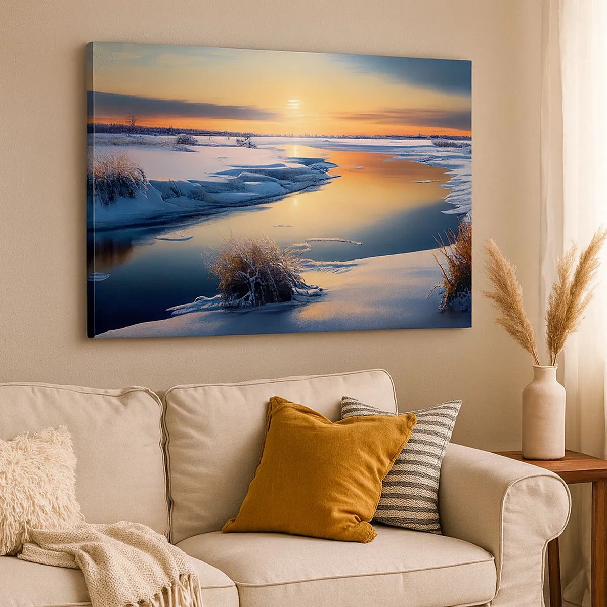 Bild auf Leinwand - Leinwandbild - Winterlandschaft mit einem Fluss bei Sonnenuntergang - 70x50cm - Wintersonnenuntergang - Moderne Wanddekoration für Wohnzimmer und Schlafzimmer ARTTOR