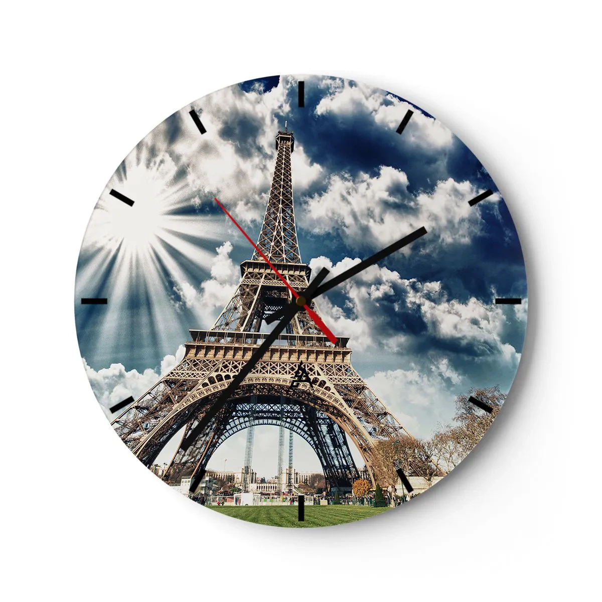 Wanduhr - Glasuhr - Der Eiffelturm gegen den Himmel mit Sonnenstrahlen - 30x30cm - Die Einzige unter der Sonne - Moderne Wanddekoration für Wohnzimmer, Küche und Schlafzimmer ARTTOR