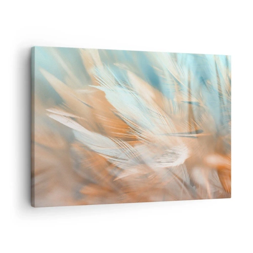 Bild auf Leinwand - Leinwandbild - Zarte Federn in Pastelltönen von Blau und Orange - 70x50cm - Im Land der Sanftmut - Moderne Wanddekoration für Wohnzimmer und Schlafzimmer ARTTOR