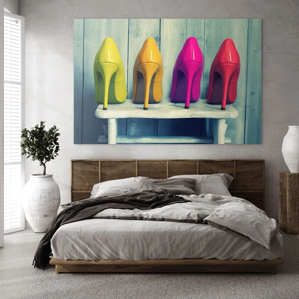 Glasbild - Bild auf glas - Vier bunte Stecknadeln auf einer Holzbank angeordnet - 70x50cm - Spazierengehen auf dem Regenbogen - Moderne Wanddekoration für Wohnzimmer und Schlafzimmer ARTTOR
