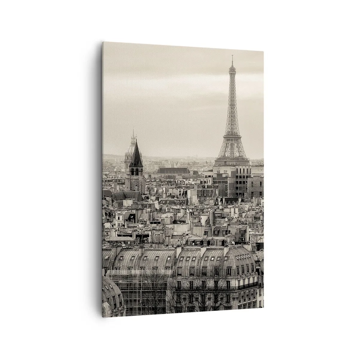 Bild auf Leinwand - Leinwandbild - Panorama von Paris mit dem Eiffelturm in Sepiatönen - 80x120cm - Über den Dächern von Paris - Moderne Wanddekoration für Wohnzimmer und Schlafzimmer ARTTOR