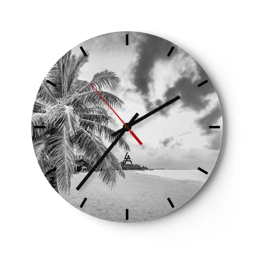 Wanduhr - Glasuhr - Strand mit Palmen in Schwarz und Weiß - 30x30cm - Wenn du dich nach Einsamkeit sehnst ... - Moderne Wanddekoration für Wohnzimmer, Küche und Schlafzimmer ARTTOR