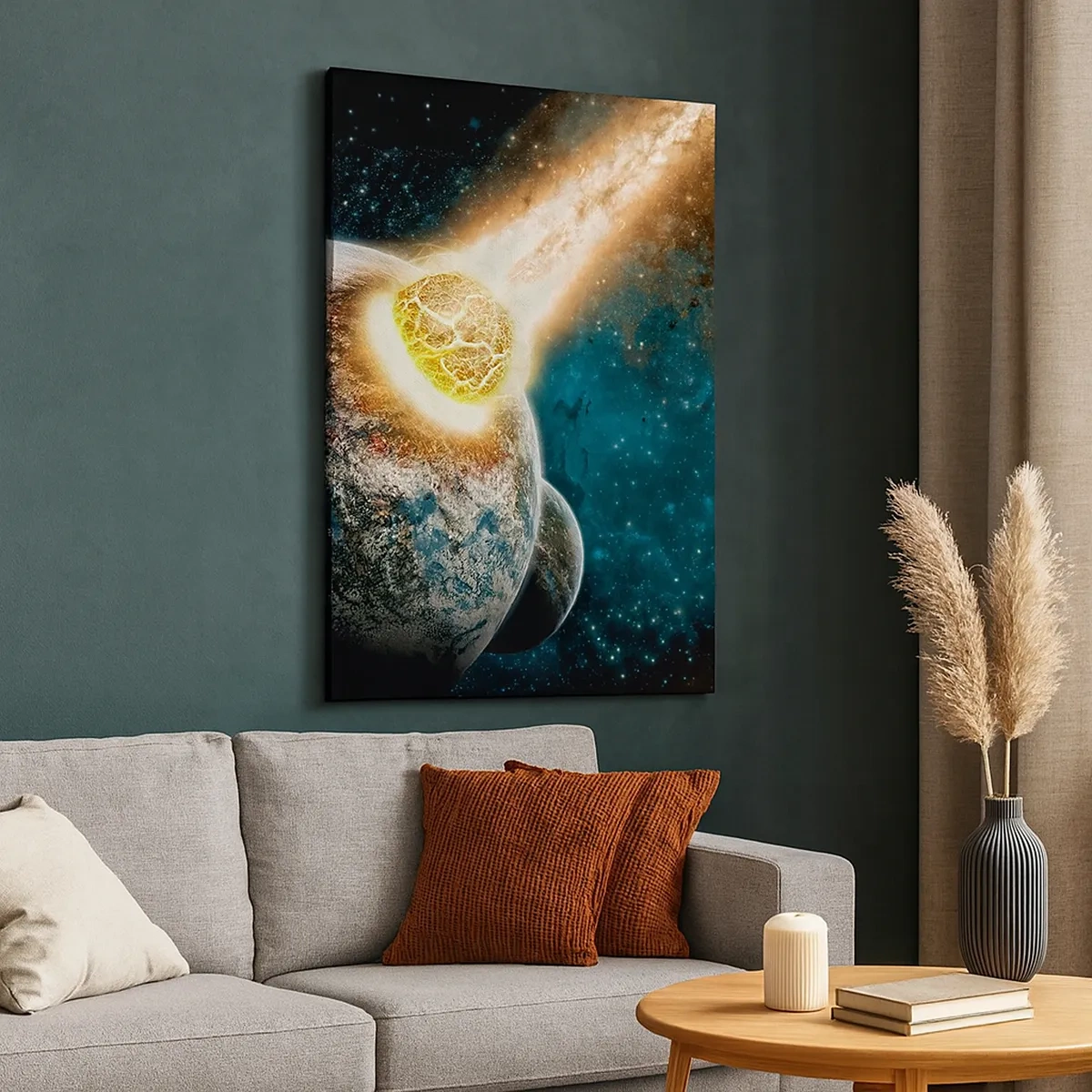 Bild auf Leinwand - Leinwandbild - Kosmische Kollision eines Planeten mit einem Asteroiden in der Nähe der Galaxie. - 50x70cm - Holocaust oder Geburt? - Moderne Wanddekoration für Wohnzimmer und Schlafzimmer ARTTOR