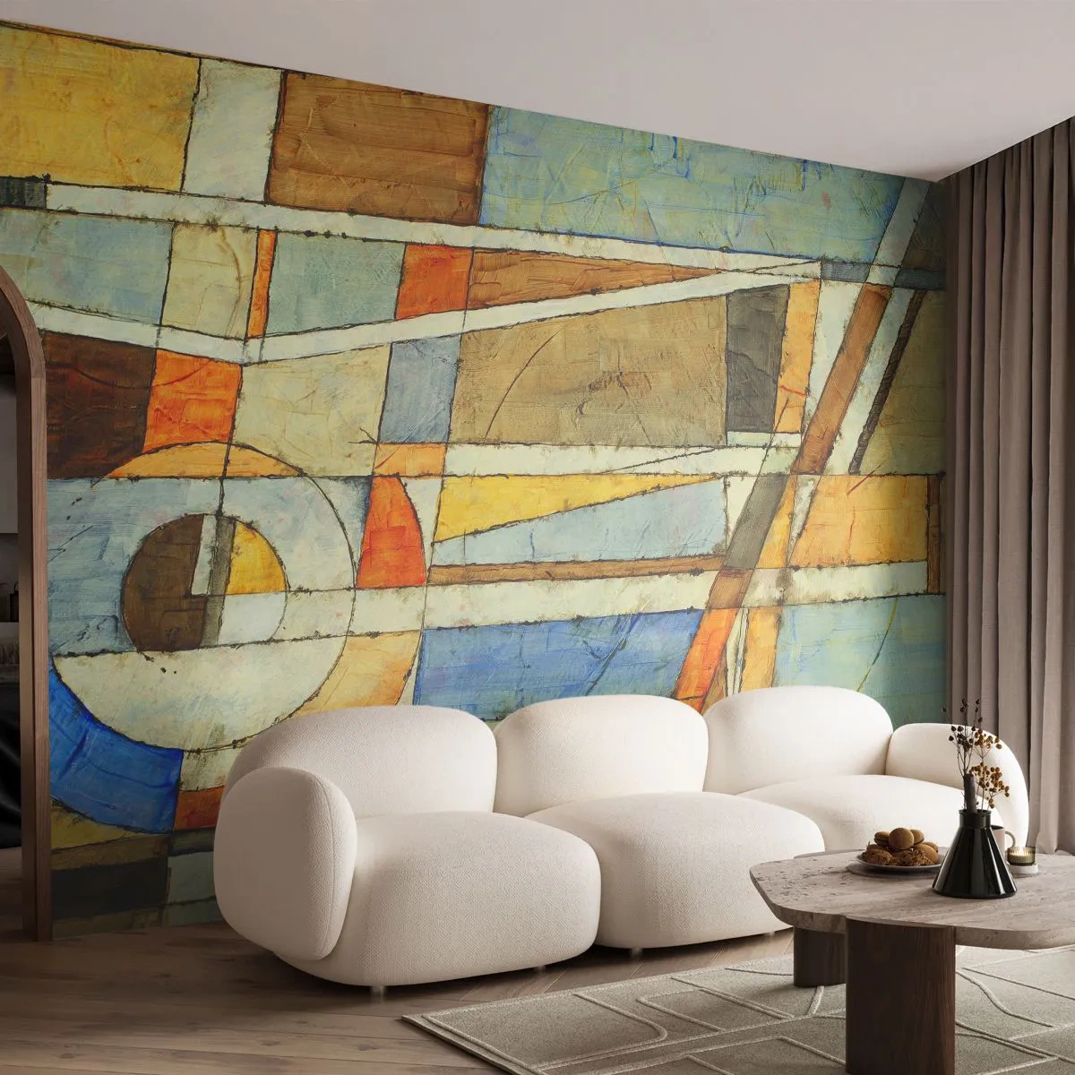 Fototapete Standard Eco - Abstrakte geometrische Komposition in warmen Farben - 100x70cm - Kubismus auf der Baustelle - Moderne Wanddekoration für Wohnzimmer und Schlafzimmer ARTTOR