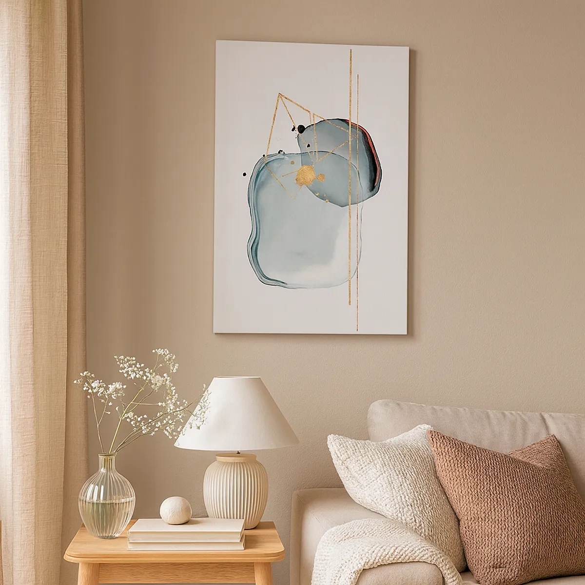 Bild auf Leinwand - Leinwandbild - Abstrakte Formen in Blau- und Goldtönen auf weißem Hintergrund - 50x70cm - Eine Studie über Tropfen - Moderne Wanddekoration für Wohnzimmer und Schlafzimmer ARTTOR