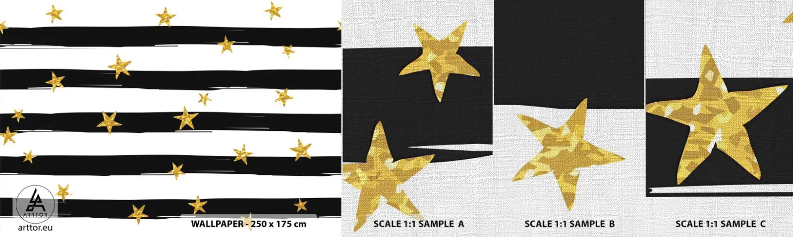 Fototapeten Muster Premium Canvas - Wir wurden alle unter einem glücklichen Stern geboren - Grafik, Goldstern, Schwarz-weiße Streifen - 100x30 cm