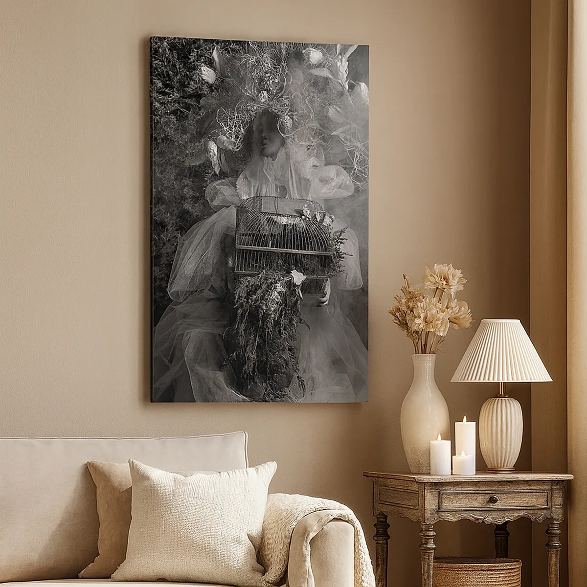 Bild auf Leinwand - Leinwandbild - Eine Schwarz-Weiß-Komposition mit einer Figur in einem Kleid und einem Käfig im Nebel. - 50x70cm - Mutter selbst - Natur - Moderne Wanddekoration für Wohnzimmer und Schlafzimmer ARTTOR