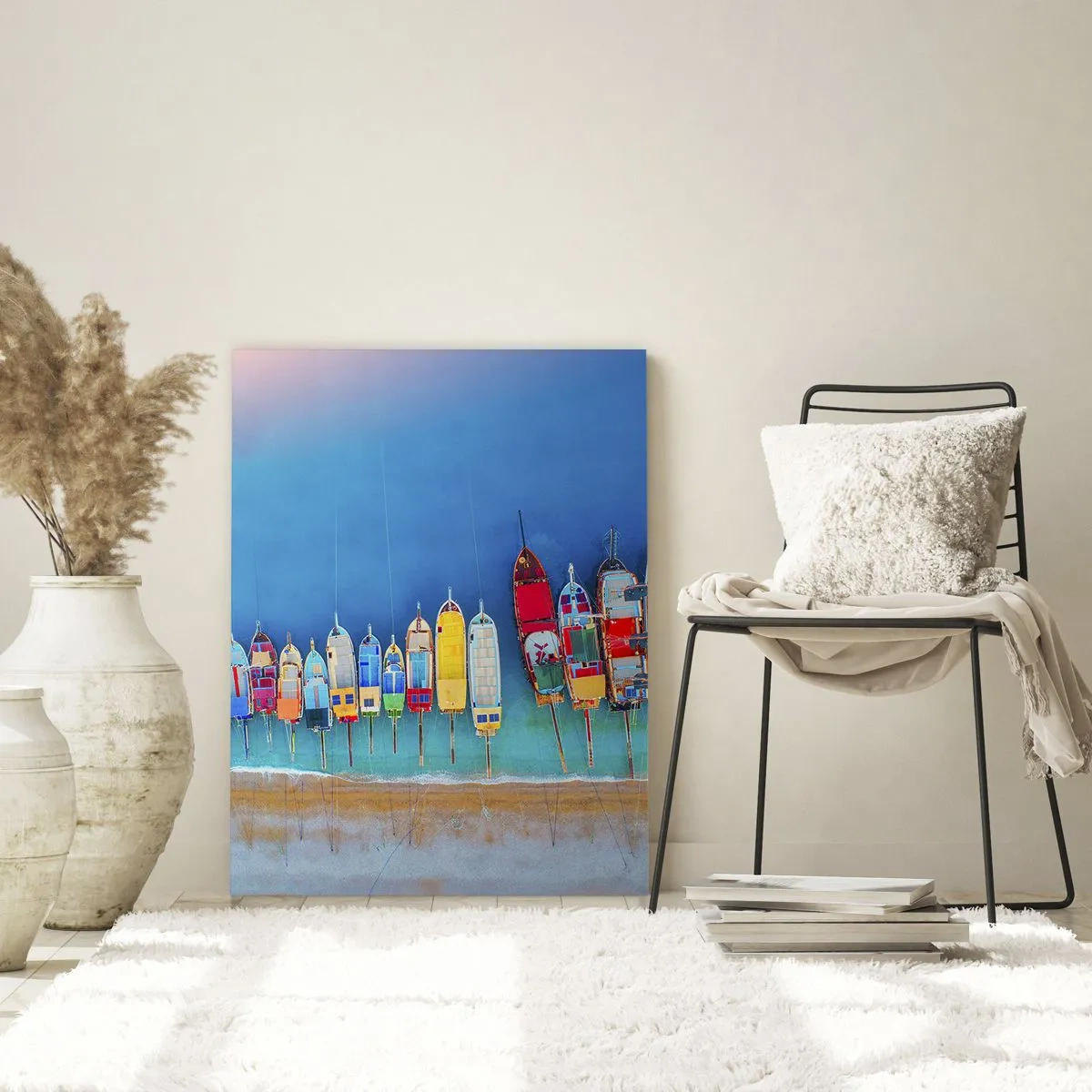 Glasbild - Bild auf glas - Bunte Boote in einer Reihe am Ufer aufgereiht - 70x100cm - Aus der Vogelperspektive - Moderne Wanddekoration für Wohnzimmer und Schlafzimmer ARTTOR