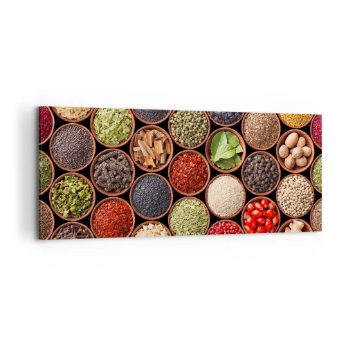 Bild auf Leinwand - Leinwandbild - Bunte Gewürze in runden Behältern - 120x50cm - Alle Aromen der Welt - Moderne Wanddekoration für Wohnzimmer und Schlafzimmer ARTTOR