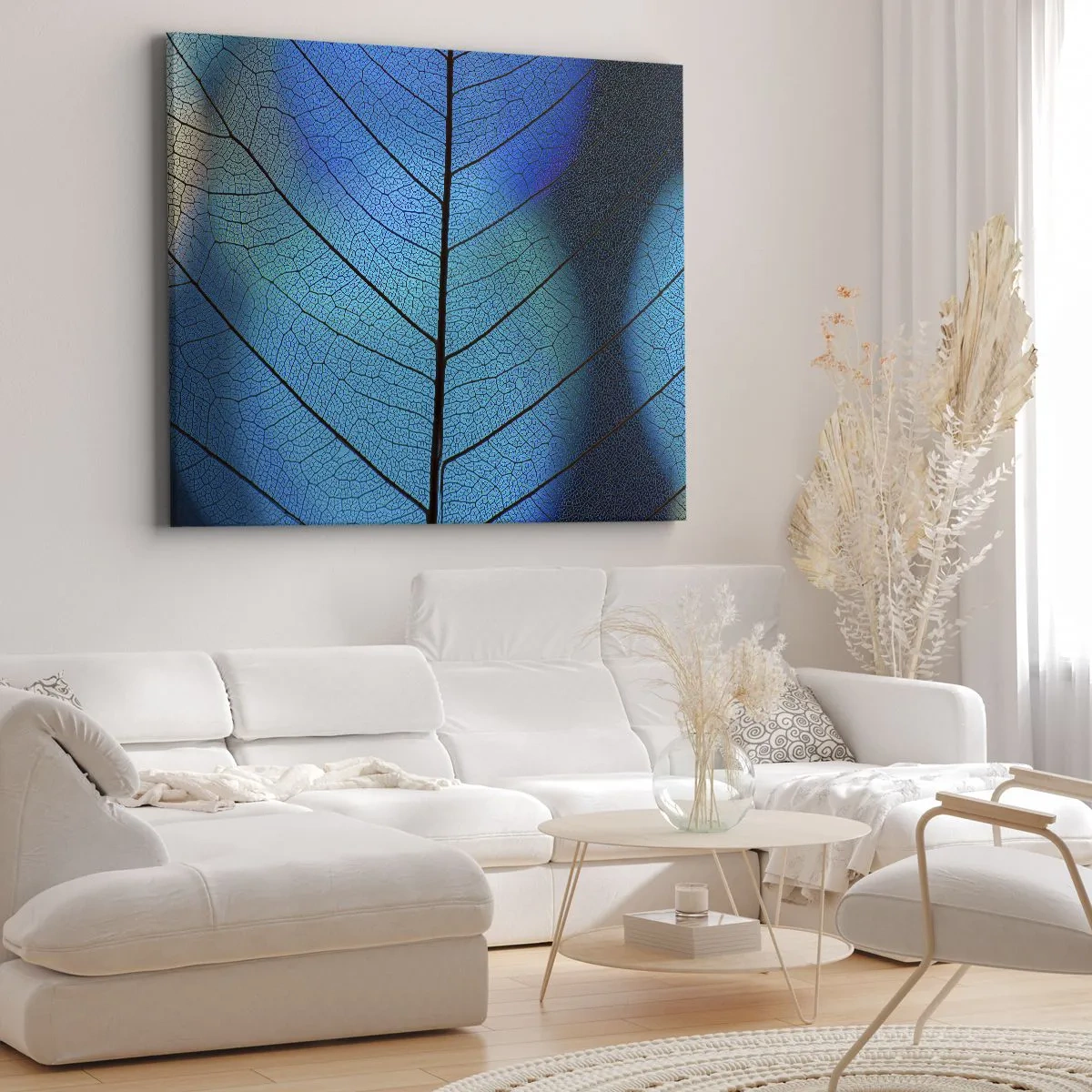 Bild auf Leinwand - Leinwandbild - Nahaufnahme eines blauen Blattes mit sichtbaren Blattadern - 100x70cm - Komplizierte Konstruktion - Moderne Wanddekoration für Wohnzimmer und Schlafzimmer ARTTOR