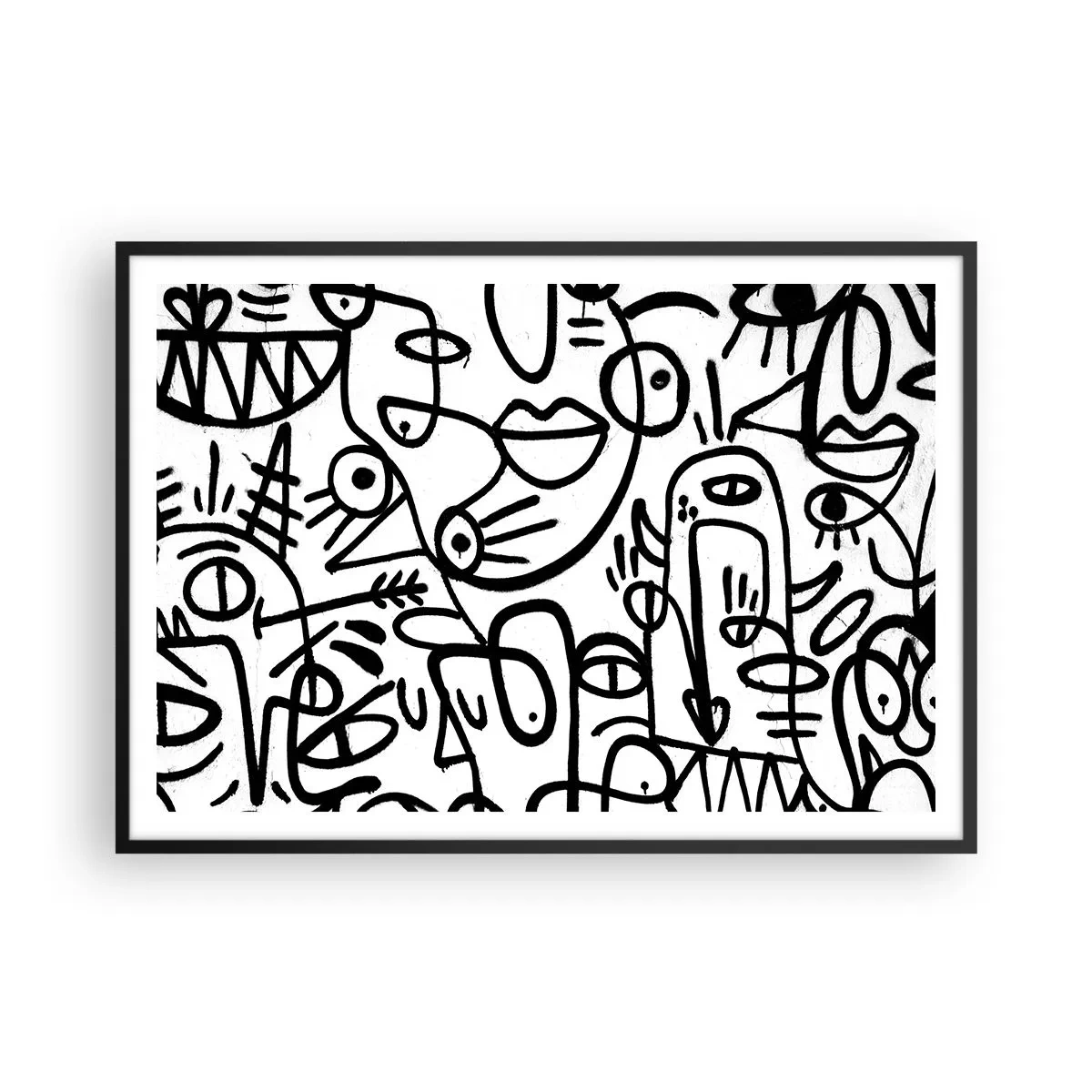 Poster in einem schwarzem Rahmen - Schwarz-weiße abstrakte Zeichnungen mit Gesichtsmotiven - 100x70cm - Gesichter und Luftspiegelungen - Moderne Wanddekoration für Wohnzimmer und Schlafzimmer ARTTOR