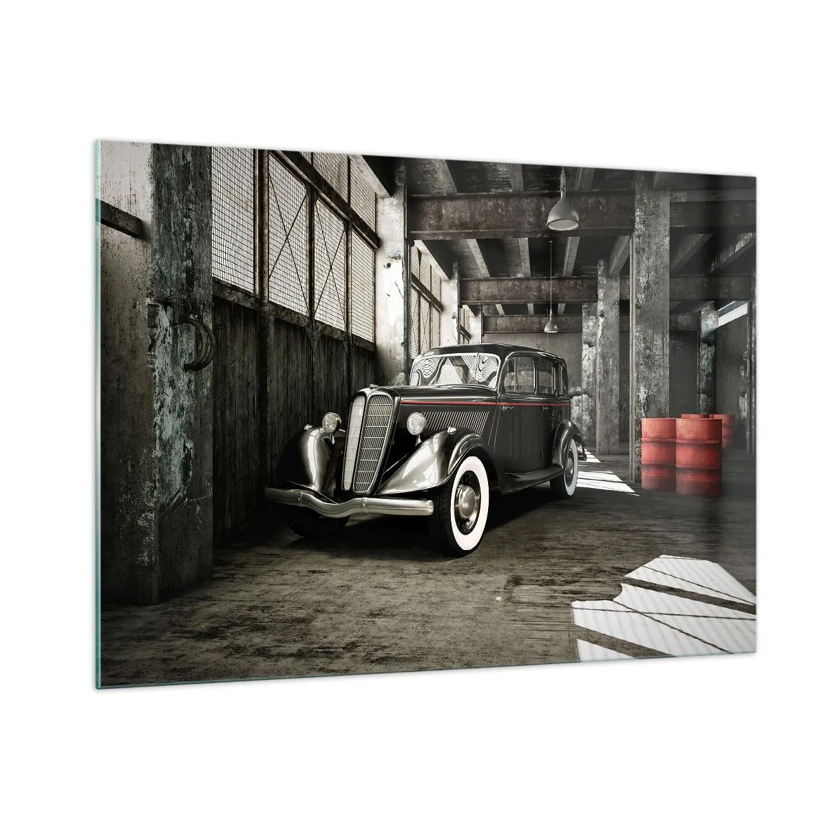 Glasbild - Bild auf glas - Ein Oldtimer in einer stilvollen Garage - 100x70cm - Die ewige Eleganz der 1930er Jahre - Moderne Wanddekoration für Wohnzimmer und Schlafzimmer ARTTOR
