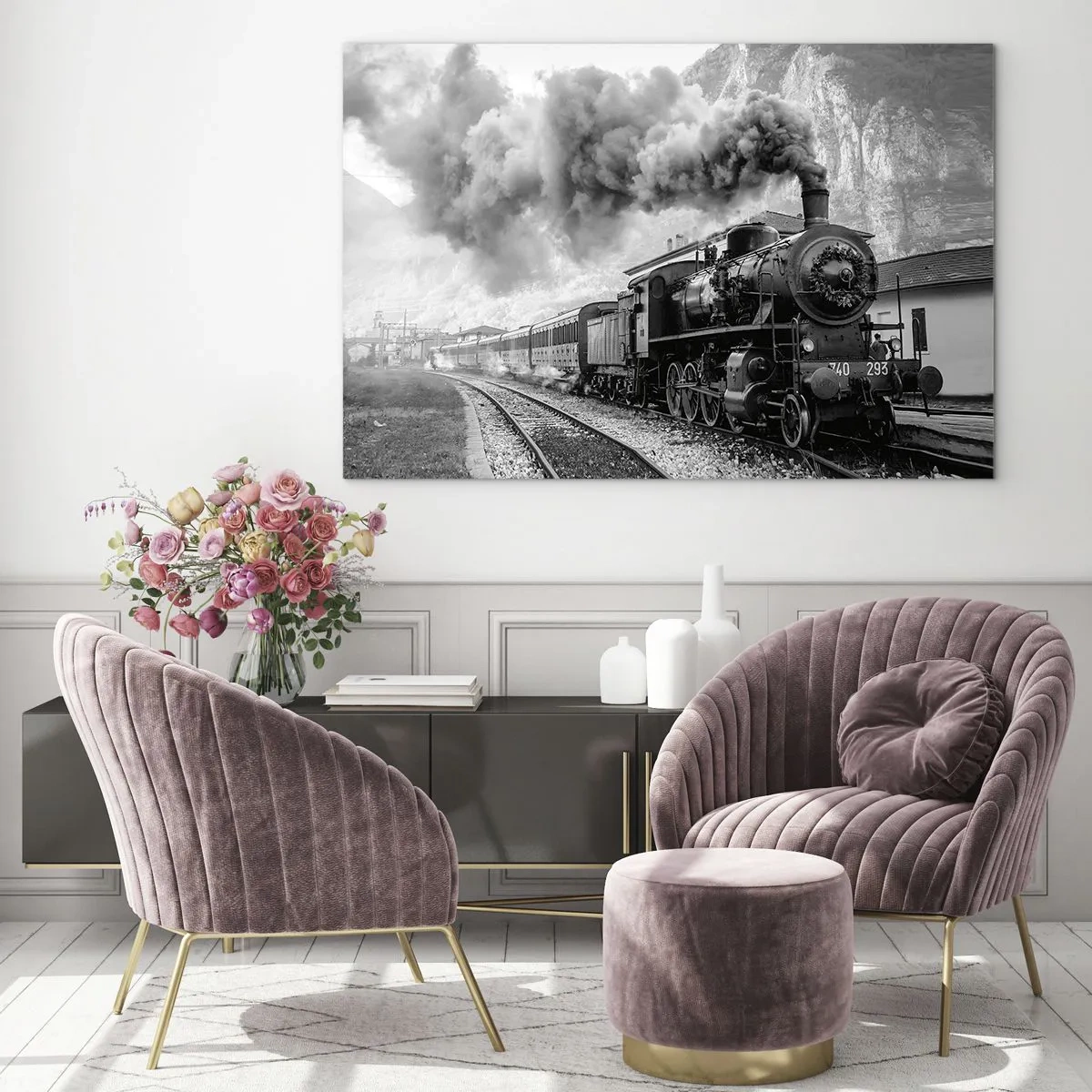 Glasbild - Bild auf glas - Eine alte Dampfeisenbahn in einer Berglandschaft - 100x70cm - Steht am Bahnhof ... - Moderne Wanddekoration für Wohnzimmer und Schlafzimmer ARTTOR