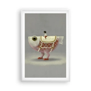 Poster in einem weißen Rahmen - Reiter auf einem surrealen Fisch - 61x91 cm