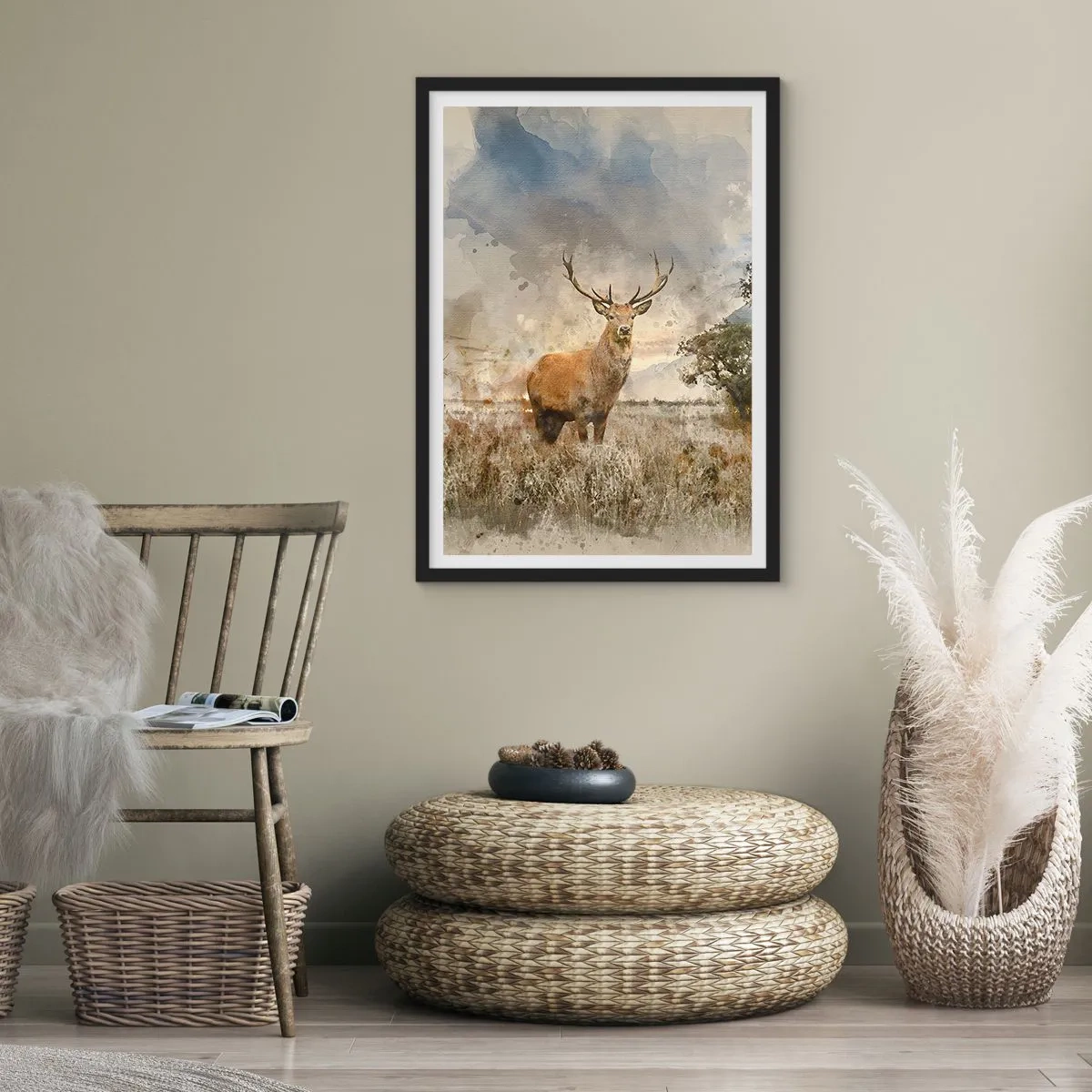 Poster in einem schwarzem Rahmen - Hirsch vor natürlichem Hintergrund im malerischen Stil - 50x70cm - Würde – Stärke – Würde - Moderne Wanddekoration für Wohnzimmer und Schlafzimmer ARTTOR