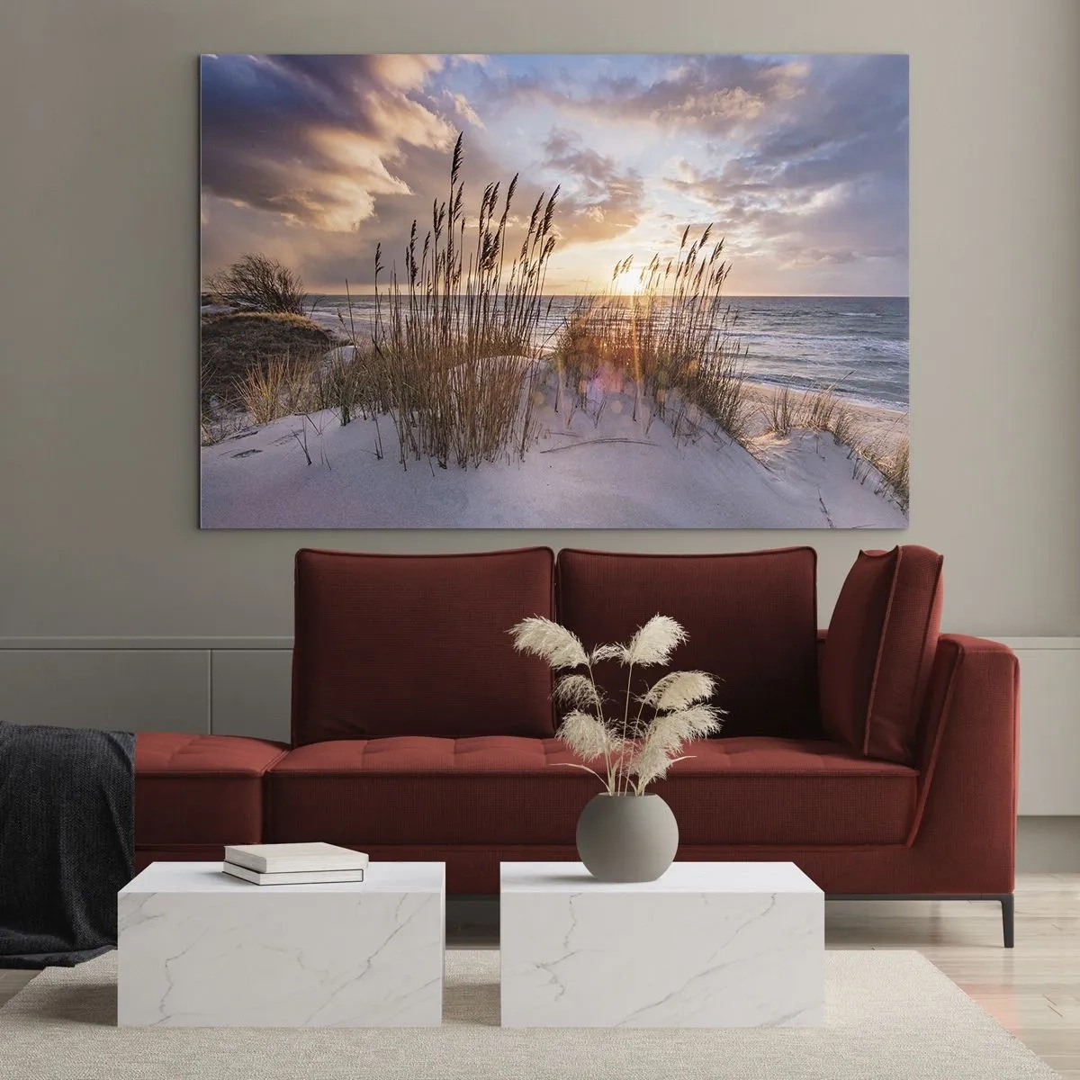 Glasbild - Bild auf glas - Sonnenuntergang über dem Meer durch die Gräser am Meer gesehen - 70x50cm - Abschied von Sonne und Wind - Moderne Wanddekoration für Wohnzimmer und Schlafzimmer ARTTOR