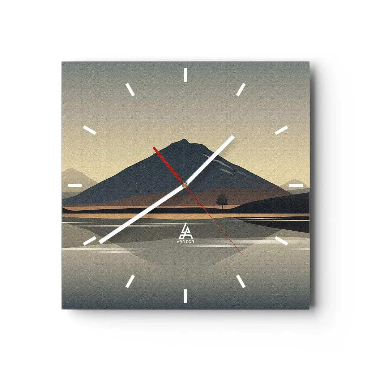 Wanduhr - Glasuhr - Minimalistische Berglandschaft mit Spiegelung im Wasser - 30x30cm - Spiegelreflexion - Moderne Wanddekoration für Wohnzimmer und Schlafzimmer ARTTOR