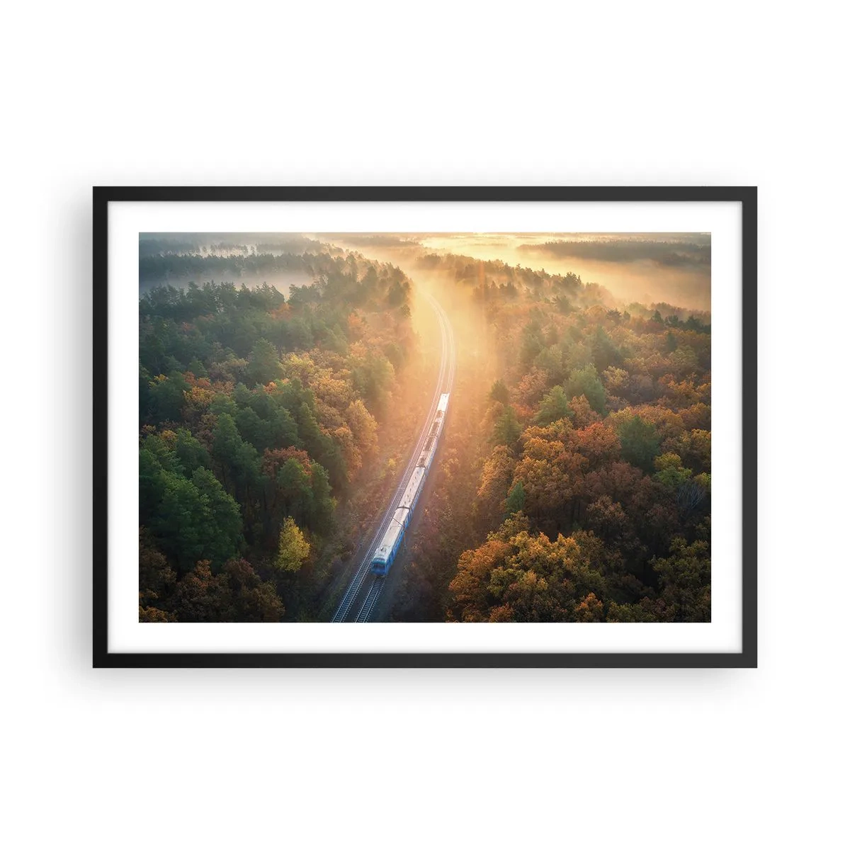 Poster in einem schwarzem Rahmen - Ein Zug in einem herbstlichen Wald im Morgengrauen - 70x50cm - Herbstreise - Moderne Wanddekoration für Wohnzimmer und Schlafzimmer ARTTOR