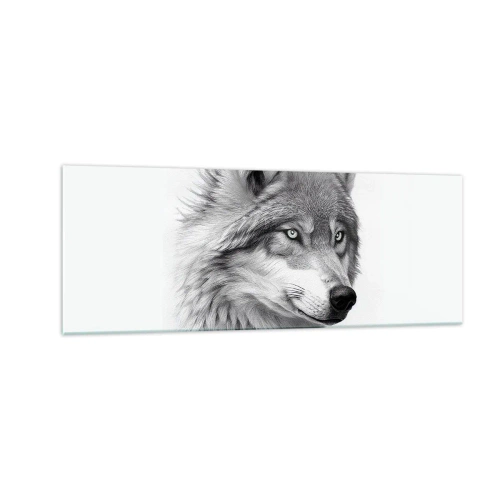 Glasbild - Bild auf glas - Ein realistisches Porträt eines Wolfes in Grautönen. - 140x50cm - Alpha – ohne Zweifel - Moderne Wanddekoration für Wohnzimmer und Schlafzimmer ARTTOR