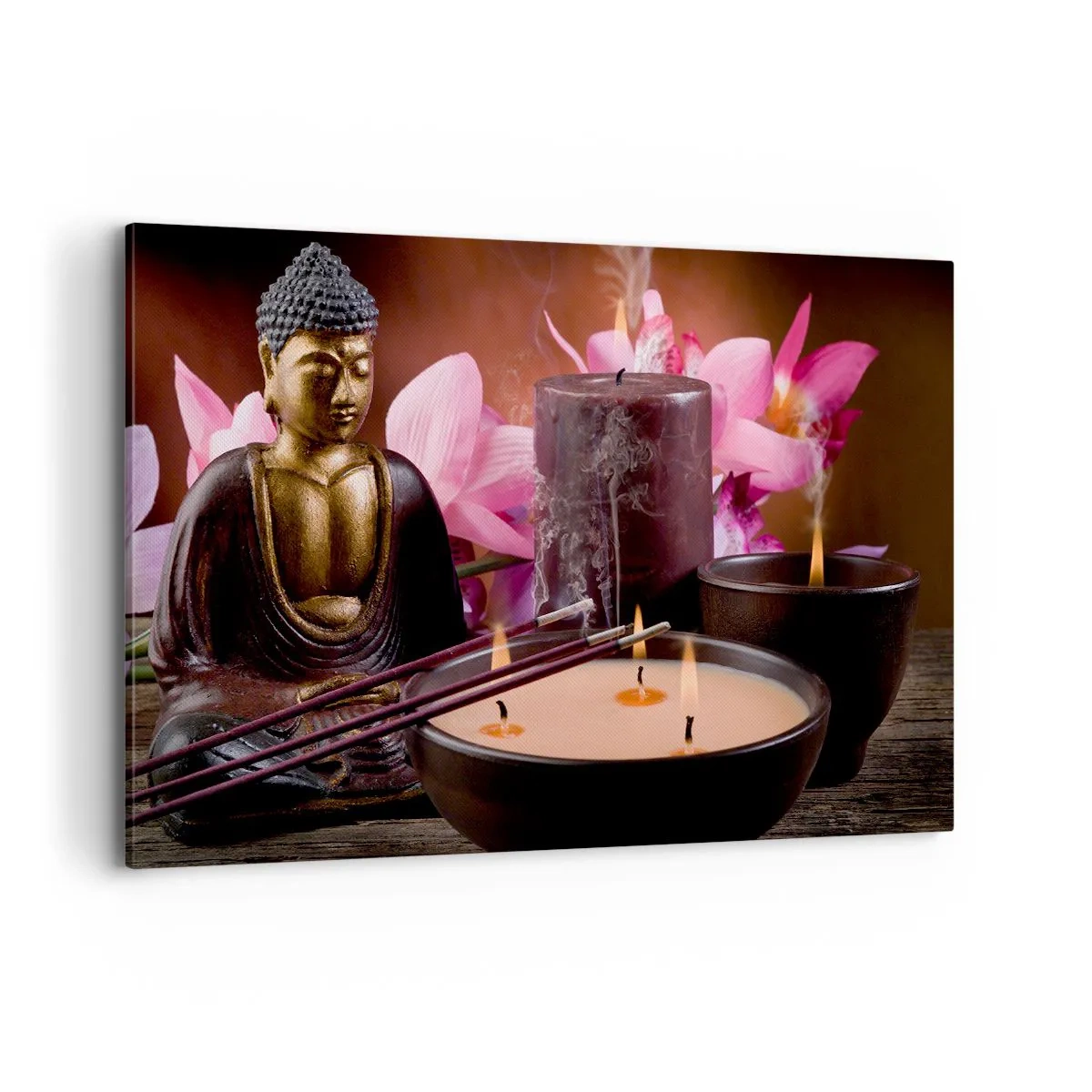 Bild auf Leinwand - Leinwandbild - Buddha-Figur mit brennenden Kerzen und Räucherstäbchen - 120x80cm - Den Geist frei machen, den Körper beruhigen - Moderne Wanddekoration für Wohnzimmer und Schlafzimmer ARTTOR