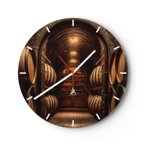 Wanduhr - Glasuhr - Holzfässer in einem beleuchteten Weinkeller - 30x30cm - Stimmungsvoller Keller - Moderne Wanddekoration für Wohnzimmer, Küche und Schlafzimmer ARTTOR