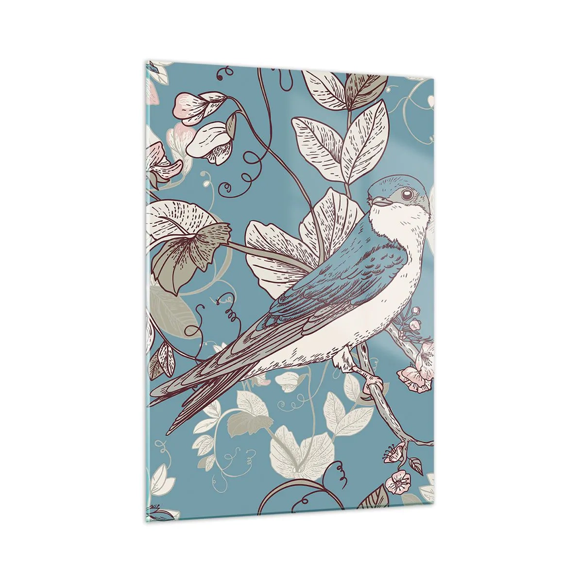 Glasbild - Bild auf glas - Ein Vogel auf einem Ast zwischen Blumen auf türkisfarbenem Hintergrund - 50x70cm - Im Weißholz von Rot und Silber - Moderne Wanddekoration für Wohnzimmer und Schlafzimmer ARTTOR