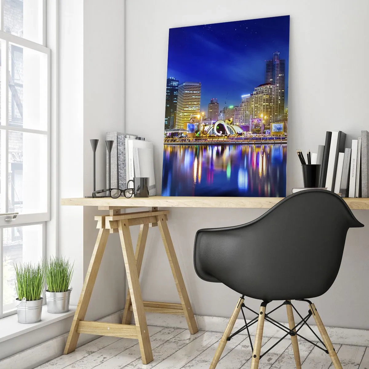 Glasbild - Bild auf glas - Nachtpanorama der Stadt mit auf dem Wasser reflektierten Lichtern - 80x120cm - Metropolis bei Regenbogennacht - Moderne Wanddekoration für Wohnzimmer und Schlafzimmer ARTTOR