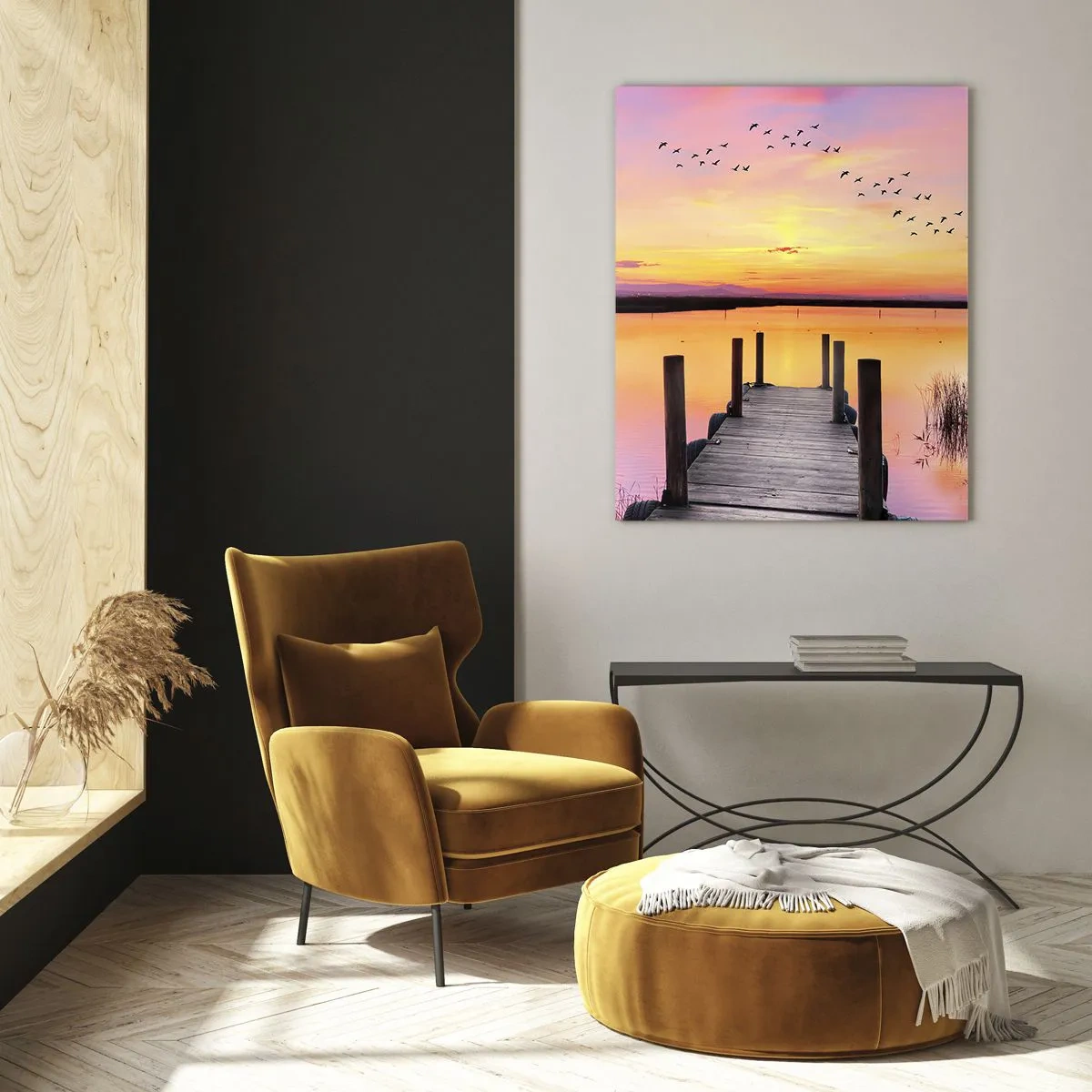 Glasbild - Bild auf glas - Lakeside Pier bei Sonnenuntergang mit Vögeln am Himmel - 50x70cm - Violette stille Morgendämmerung - Moderne Wanddekoration für Wohnzimmer und Schlafzimmer ARTTOR