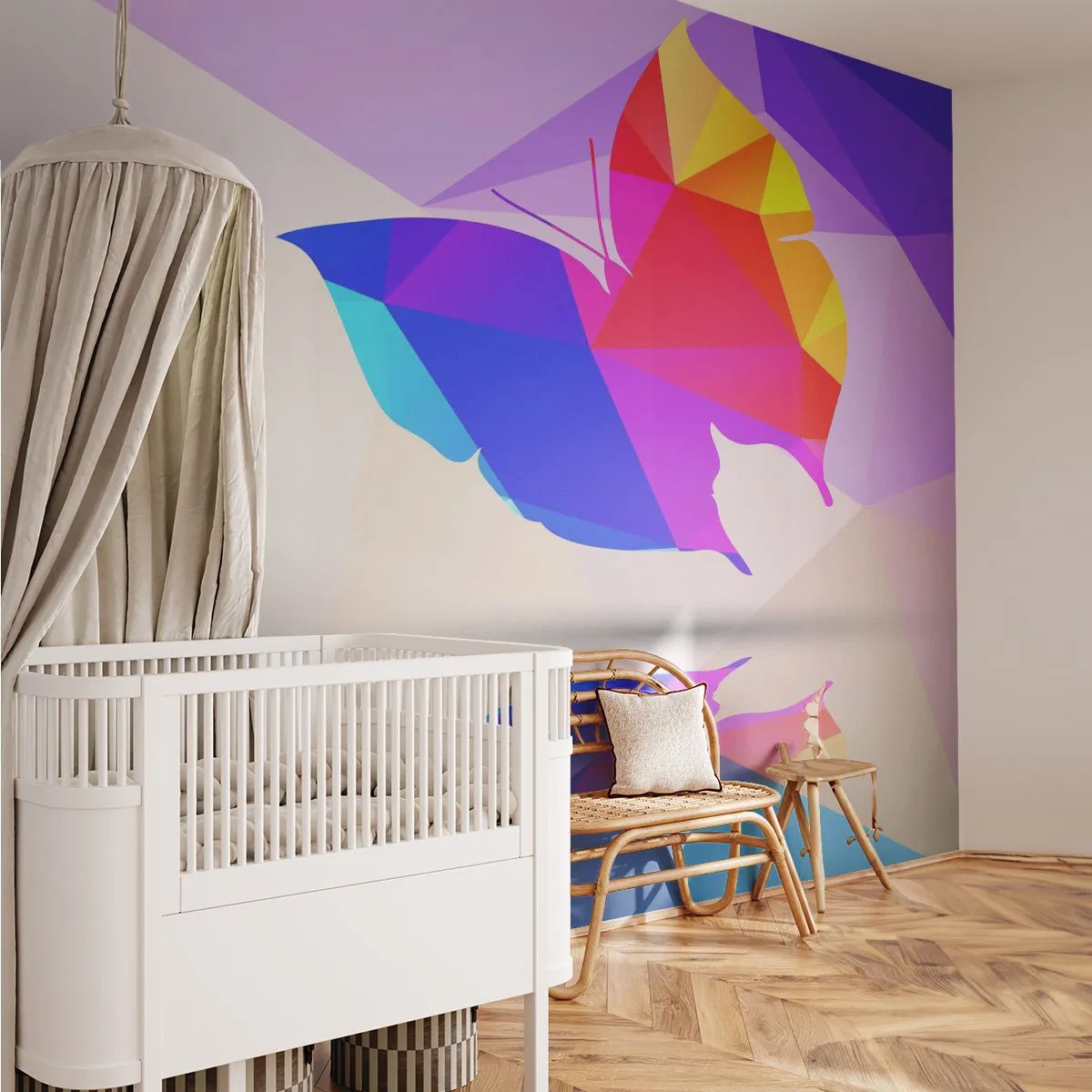 Fototapete Premium Sand - Bunter geometrischer Schmetterling auf abstraktem Hintergrund - 100x70cm - Regenbogenschmetterling - Moderne Wanddekoration für Wohnzimmer und Schlafzimmer ARTTOR