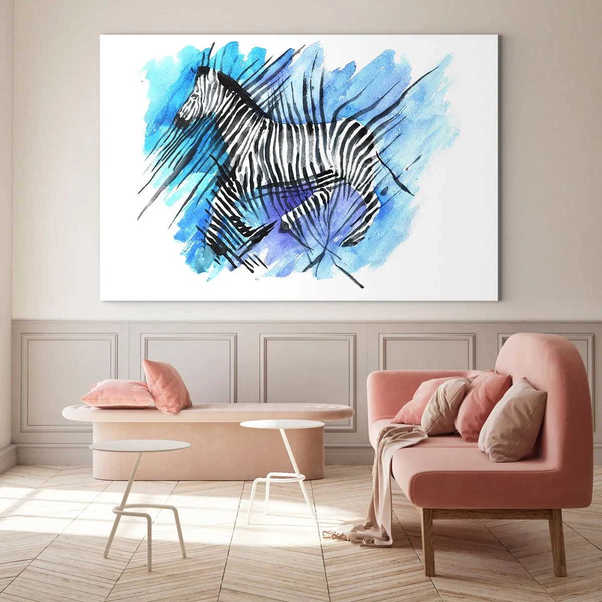 Glasbild - Bild auf glas - Ein Zebra in einer künstlerischen Aquarellkomposition vor blauem Hintergrund - 120x80cm - In Streifen versteckt - Moderne Wanddekoration für Wohnzimmer und Schlafzimmer ARTTOR